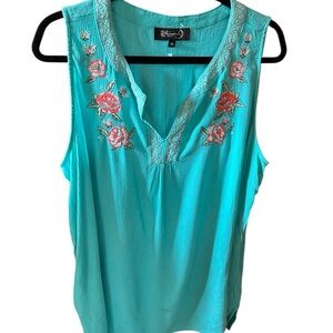 Whispers 1X  Turquoise Floral Embroidered Sleeveless Blouse